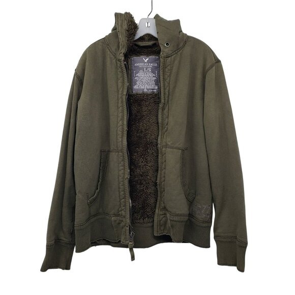 Y2K American Eagle Faux Fur Sherpa Lined Full Zip Hoodie Distressed Mens L Thick - Picture 1 of 10